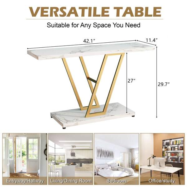 Console Table, Industrial Hallway Table For Entryway, 42 Inch Entryway Tables Narrow Sofa Table For Living Room, Stable Metal Frame & Easy Assemble,Gold/White Color