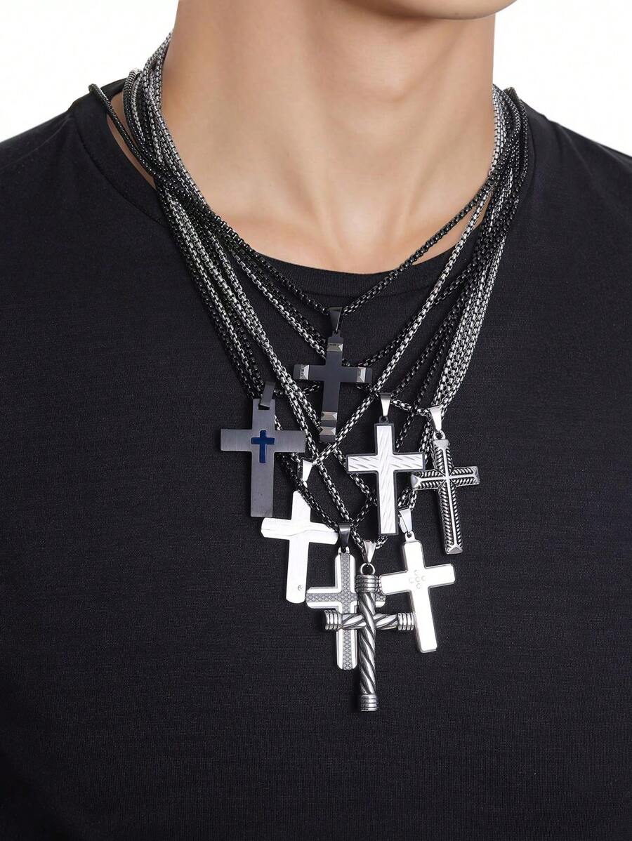 1 chiếc vòng cổ thánh giá bằng thép không gỉ màu đen và bạc đơn giản dành cho nam - phong cách - Xem 1