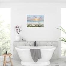 1PC Framed Ocean Sunset Canvas Print Bathroom Ocean Theme Floral Canvas Wall Art Ocean Beach Sunrise With Blue Sky Beach Pictures, Suitable For Bedroom Living Room Restaurant Bathroom Hotel Apartment Coffee Shop Dressing Room Wall Decoration