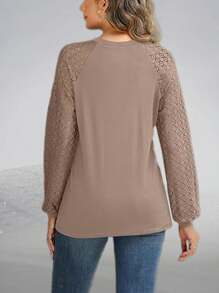 Women's Dressy Casual Top Solid Color Long Sleeve Round Neck Lace Splicing Casual Top - Màu Khaki - Xem 3