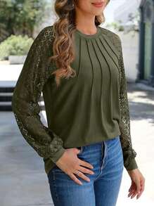 Women's Dressy Casual Top Solid Color Long Sleeve Round Neck Lace Splicing Casual Top