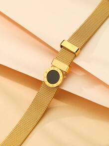 1套/2入組不鏽鋼網帶扣手鐲戒指婚禮珠寶套裝,適用於女士男士 - 金色 - 查看 3