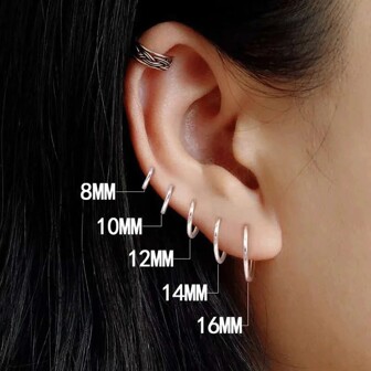 1 Pair 2mm Thin Circle Silver Color Small Hoops Earring Stainless Steel Anti-Allergic Ear Bone Buckle Earring Gothic Ear Jewelry