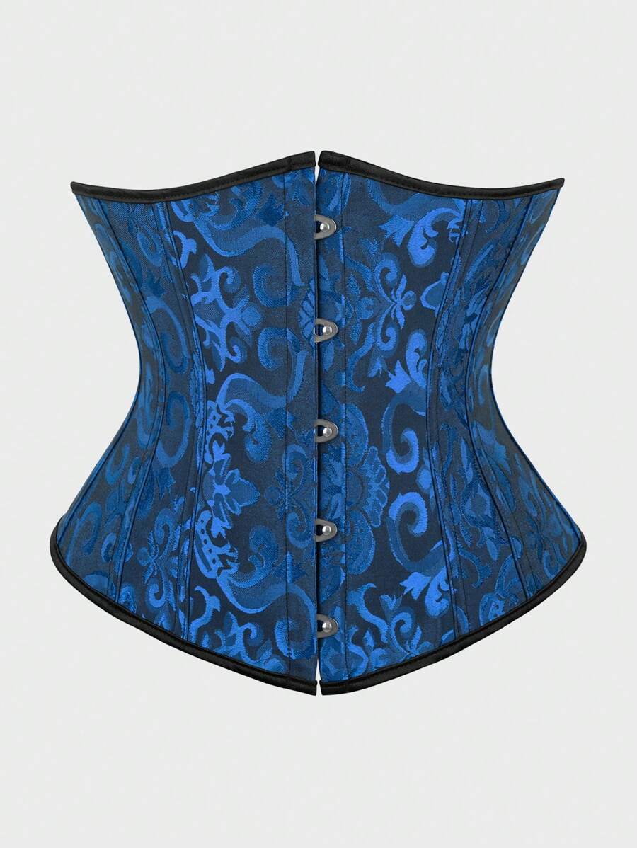 Underbust Corsets For Women,Corset Belt, Women's Floral Jacquard Lace Up Under Boob Corset Slimmer Body Shaper - 黑藍色 - 查看 1