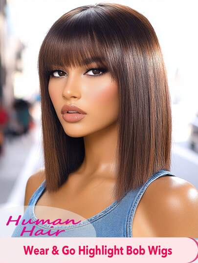 Human Hair Highlight Brown Colored Straight Bob Wig With Breathable Bangs Full Machine Made Glueless Human Hair, No Lace, Perfect For All Women