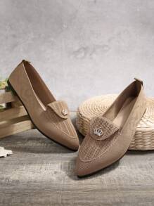 女士纯色平底鞋，透气柔软编织飞鞋，轻便舒适 - 卡其色 - 查看 7