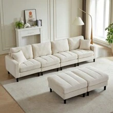 122.5-Inch Oversized U-Shaped Modular Sofa, Corduroy Fabric Sofa, Living Room Sectional Sofa With 2 Pillows, Two Ottoman, Plastic Leg, Black - Beige + Corduroy + Foam + 4 Seat - View 3