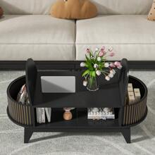 Mesa de centro moderna de mediados de siglo con almacenamiento oculto y paneles acanalados - Mesa ovalada de madera con tapas abatibles, pieza central ideal para la sala de estar, la oficina o espacios pequeños - Negro - Ver 5