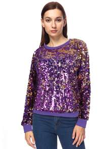 Women's Glitter Sequin Sweatshirt Long Sleeve Pullover Tops With Ribbed Cuffs - Màu tím - Xem 1
