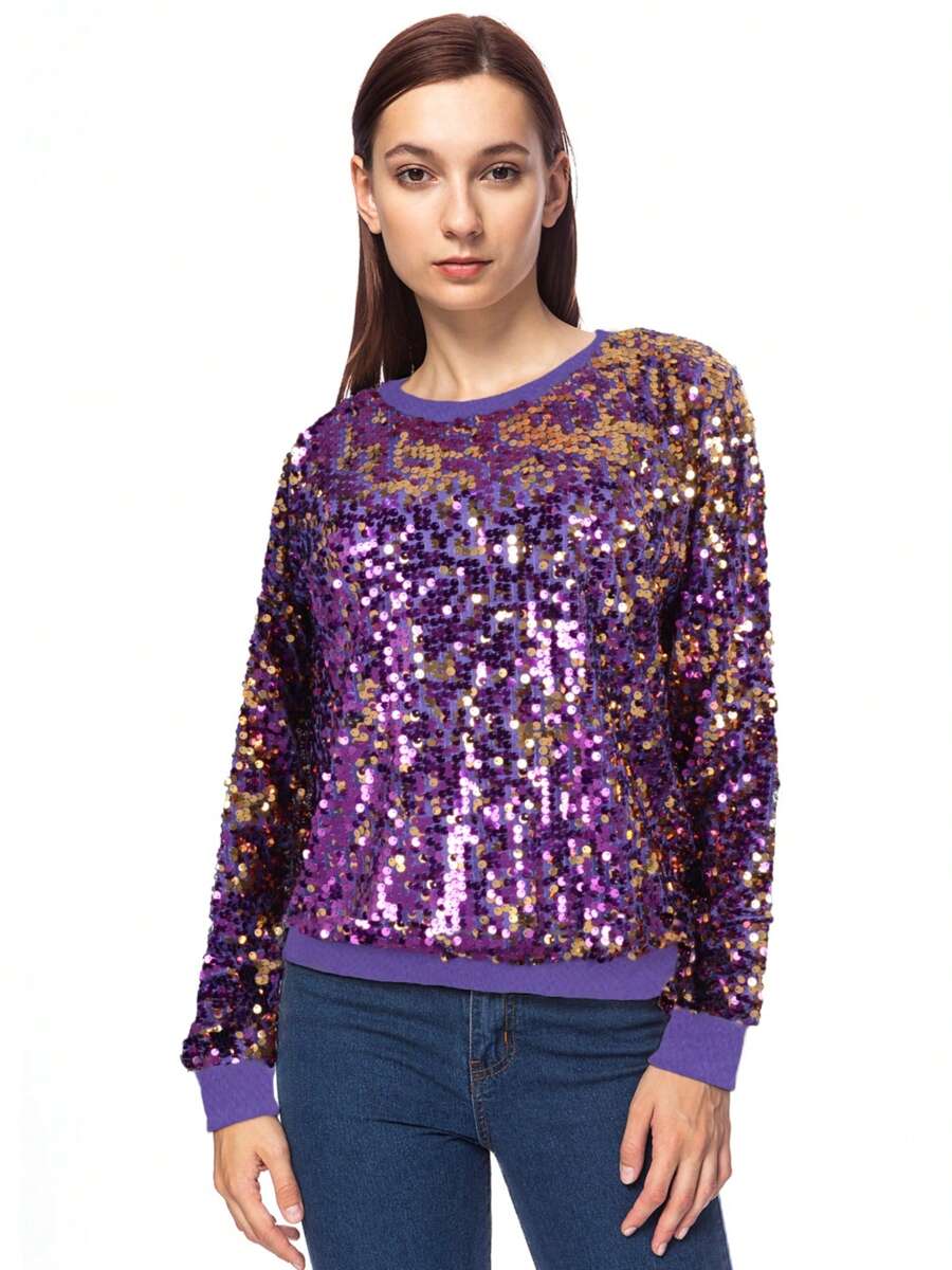 Women's Glitter Sequin Sweatshirt Long Sleeve Pullover Tops With Ribbed Cuffs - Màu tím - Xem 1