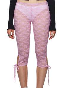 Teens Lace Capri Pants Casual Bandage Cutout Leggings See-Through Elastic Trousers Young Adult Clothing For Daily
