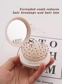 1个可爱26字母花卉婚礼专属迷你梳子，小巧便携迷你气垫梳，带折叠气囊按摩功能，内置镜子，旅行和露营必备 - 米色 - 查看 6