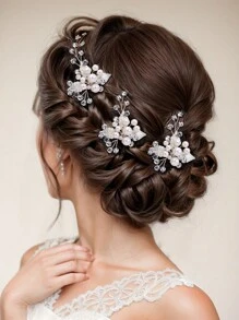 1 Conjunto de Três Pentes Laterais de Folha de Liga Doce e Adorável com Pérola Falsa, Brilhante Strass, Romântico, Acessórios para Cabelo de Noiva, Casamento, Coiffure, Tiara, Festa de Aniversário, Festa de Feriado, Acessórios de Cabelo Delicados de Fada