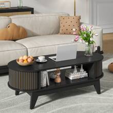 Mesa de centro moderna de mediados de siglo con almacenamiento oculto y paneles acanalados - Mesa ovalada de madera con tapas abatibles, pieza central ideal para la sala de estar, la oficina o espacios pequeños - Negro - Ver 2