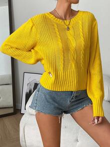 Suéter de cuello redondo suave y elástico - Tejido de punto de manga linterna sólida y cálida, para otoño/invierno - Ropa de estilo casual para mujer