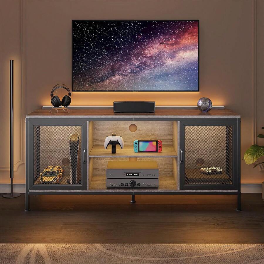 TV Cabinet With 3 Tiers Of Storage, Large Capacity Modern Game And Entertainment Center With Doors And Shelves For Living Room, Game Room, Office - 灰色 - 查看 1