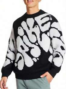 1pc Tween Boy Casual Letter Jacquard Crew Neck Pullover Knitted Sweater, Autumn/Winter