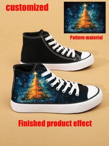 Customized Photo/Logo/Pattern Print Women's Sneakers Personalized Breathable Canvas Mid Top Lace Up Platform Soft Shoes, Anti-Skid Casual For Outdoor Daily,Gift For Halloween/Christmas/Thanksgiving Day