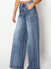 Women High Waisted Wide Leg Jeans In Vintage Wash-Faded Wash High Rise Jeans-Dark Blue Denim Long Jeans - Rửa tối - Xem 6