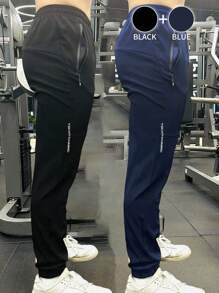 2 件装男友风格男士户外运动抽绳腰慢跑裤，带拉链口袋 - 黑色 - 查看 2