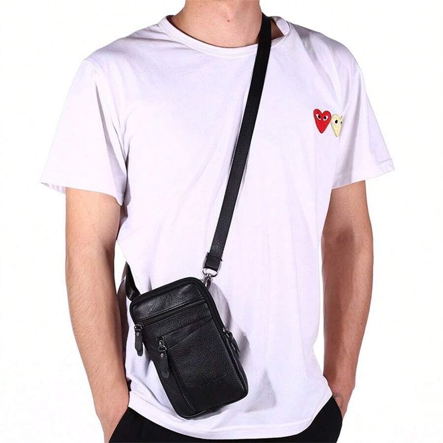 Men's Shoulder Bag Multi-Functional Leather MINI Messenger Pack Crossbody Phone Bag - 黑色 - 查看 1