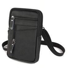 Men's Shoulder Bag Multi-Functional Leather MINI Messenger Pack Crossbody Phone Bag - 黑色 - 查看 2