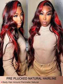 Parrucca frontale in pizzo trasparente HD con onde del corpo, evidenziata in bordeaux, parrucca in pizzo rosso ombré 99j, capelli brasiliani Remy pre-sfoltiti, lunghezza 34 pollici, per donne