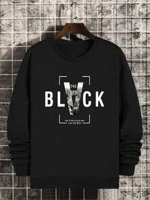 Plus Size Men Slogan & Building Print Crew Neck Sweatshirt - Black - View 2