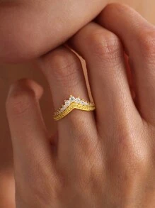 1pc Elegant V-Shaped Zirconia Stackable Ring, 925 Sterling Silver, Exquisite Jewelry, Holiday/Birthday Gift, Suitable For Women's Daily Wear And Dates - V-shaped Crown Small Heart Ring - View 9