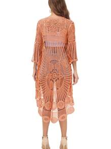 Women's Crochet Long Vest Boho Short Sleeve Kimono Cardigan Swimwear Cover Up - trái cam - Xem 2