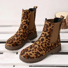 2024秋冬英伦风豹纹圆头厚底切尔西靴，女式别致拼接靴 - 黃色 - 查看 4