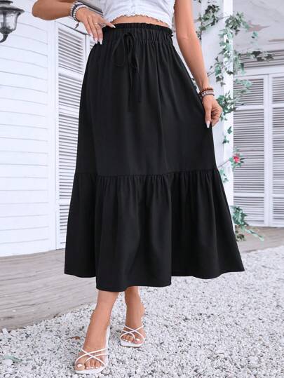 Fashion Drawstring High Waist Loose Black Long Skirt Vacation Ruffle Hem Skirt Women's Clothing