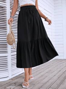 时尚抽绳高腰宽松黑色长裙度假荷叶边下摆短裙女士服装 - 黑色 - 查看 9