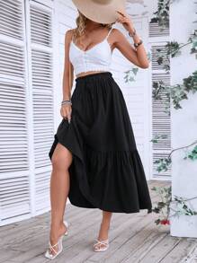 时尚抽绳高腰宽松黑色长裙度假荷叶边下摆短裙女士服装 - 黑色 - 查看 8