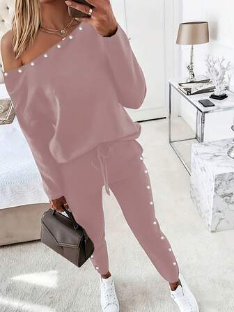 Conjunto de 2 piezas de mujer, top de manga larga y pantalón largo de unicolor casual