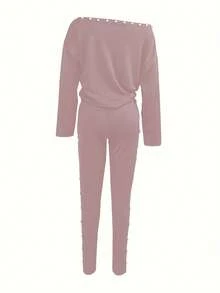 Women's Fashion Simple Solid Color Casual Long Sleeve Top And Long Pants Set, 2 Pieces Spring Elegant - Baby Pink - View 2