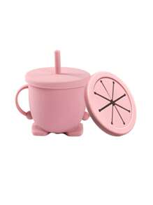 1pc Silicone Cup With 1pc Snack Lid, Infant Baby Training Cup, Anti-Spill Milk/Water Cup With Handles & Straw, Children Beverage Cup