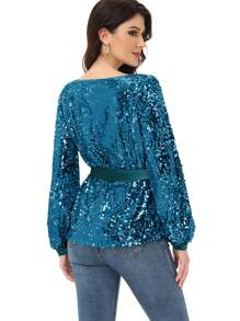 Long Sleeve Sequin Crew Neck Fashion Pullovers Sweatshirt Evening Party - 水鴨藍 - 查看 2