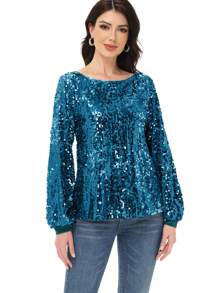Long Sleeve Sequin Crew Neck Fashion Pullovers Sweatshirt Evening Party - 水鴨藍 - 查看 4