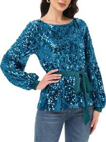 Long Sleeve Sequin Crew Neck Fashion Pullovers Sweatshirt Evening Party - 水鴨藍 - 查看 3