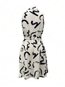 1. 抽象印花前扣无袖连衣裙，休闲收腰翻领连衣裙 2. 印花优雅腰部衬衫连衣裙 - 彩色 - 查看 4