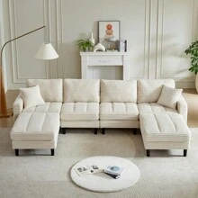 122.5-Inch Oversized U-Shaped Modular Sofa, Corduroy Fabric Sofa, Living Room Sectional Sofa With 2 Pillows, Two Ottoman, Plastic Leg, Black - Beige + Corduroy + Foam + 4 Seat - View 7
