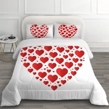 情人节床上用品套装，红心图案 3D 印花床上用品套装，包括 1 个羽绒被套和 2 个枕套，适合女孩房间装饰