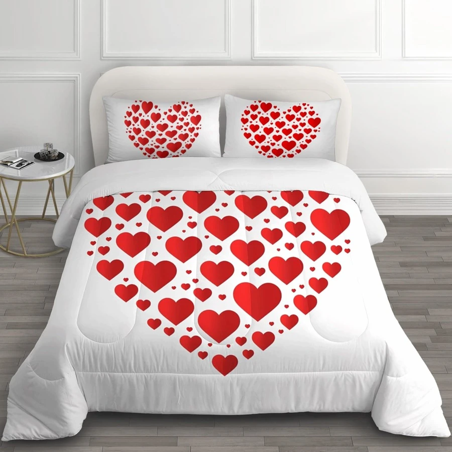 情人节床上用品套装，红心图案 3D 印花床上用品套装，包括 1 个羽绒被套和 2 个枕套，适合女孩房间装饰