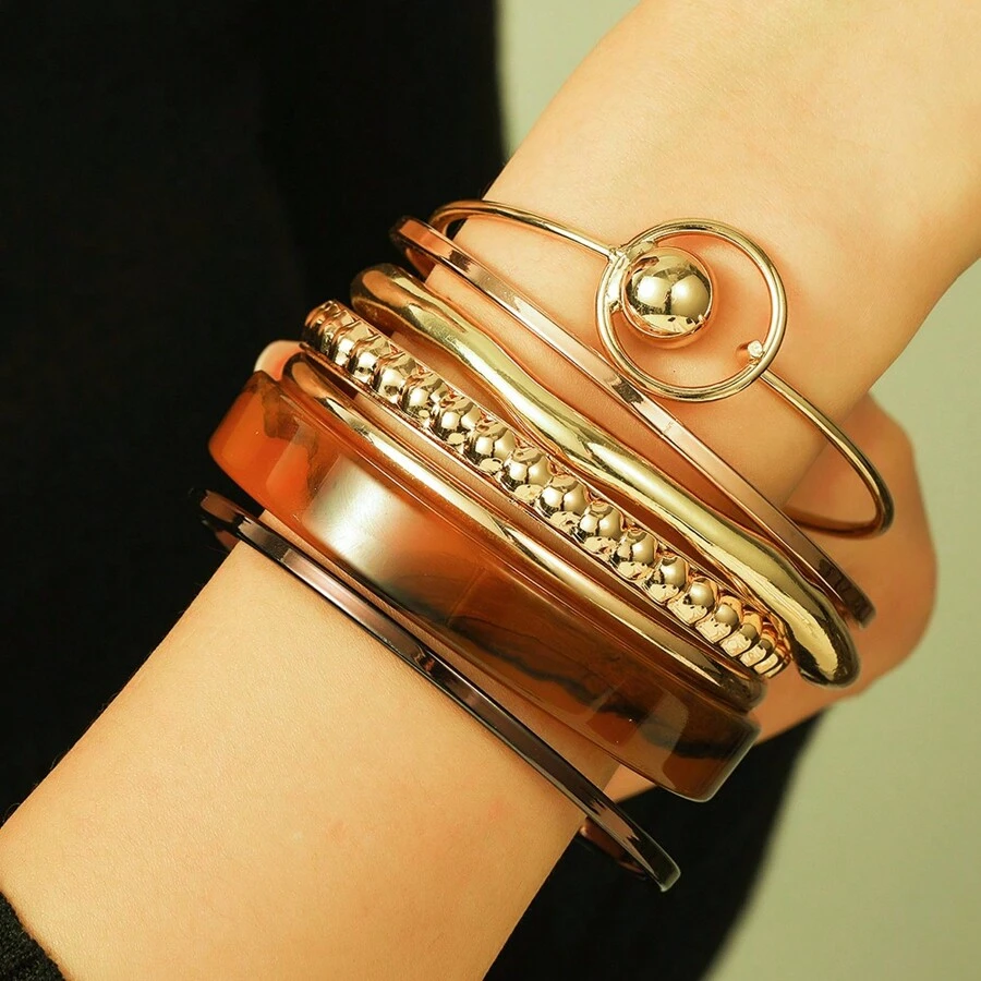 RINTOLER Bộ 7 chiếc vòng tay hình tròn rỗng bằng Acrylic Hàn Quốc & vòng tay hình học bất đối xứng, màu sắc ngẫu nhiên, thiết kế đa năng - Nhiều màu - Xem 1