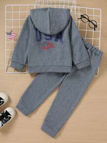 Bộ 2 quần nỉ có mũ in họa tiết tiếng Anh cho bé trai, trang phục thường ngày ấm áp và thời trang cho mùa đông - Xám - Xem 2