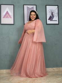 Vestido Feminino Plus Size Longo Fenda Manga Capa Cor Brilho Elegante Festas Fim de ano - Rosê - Visão 1