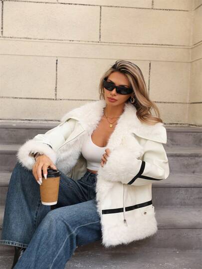 Women's Casual Jacket With Faux Fur Collar And Zipper - Perfect For Autumn And Winter, With Convenient Pockets Leather Women Jacket