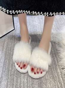 Women's Non-Slip Fluffy Bunny Fur Strap Slides Slippers For House, Outdoor Wear, Fashionable, Flat, Suitable For Spring & Autumn 2024 New Arrival - Beige - View 5