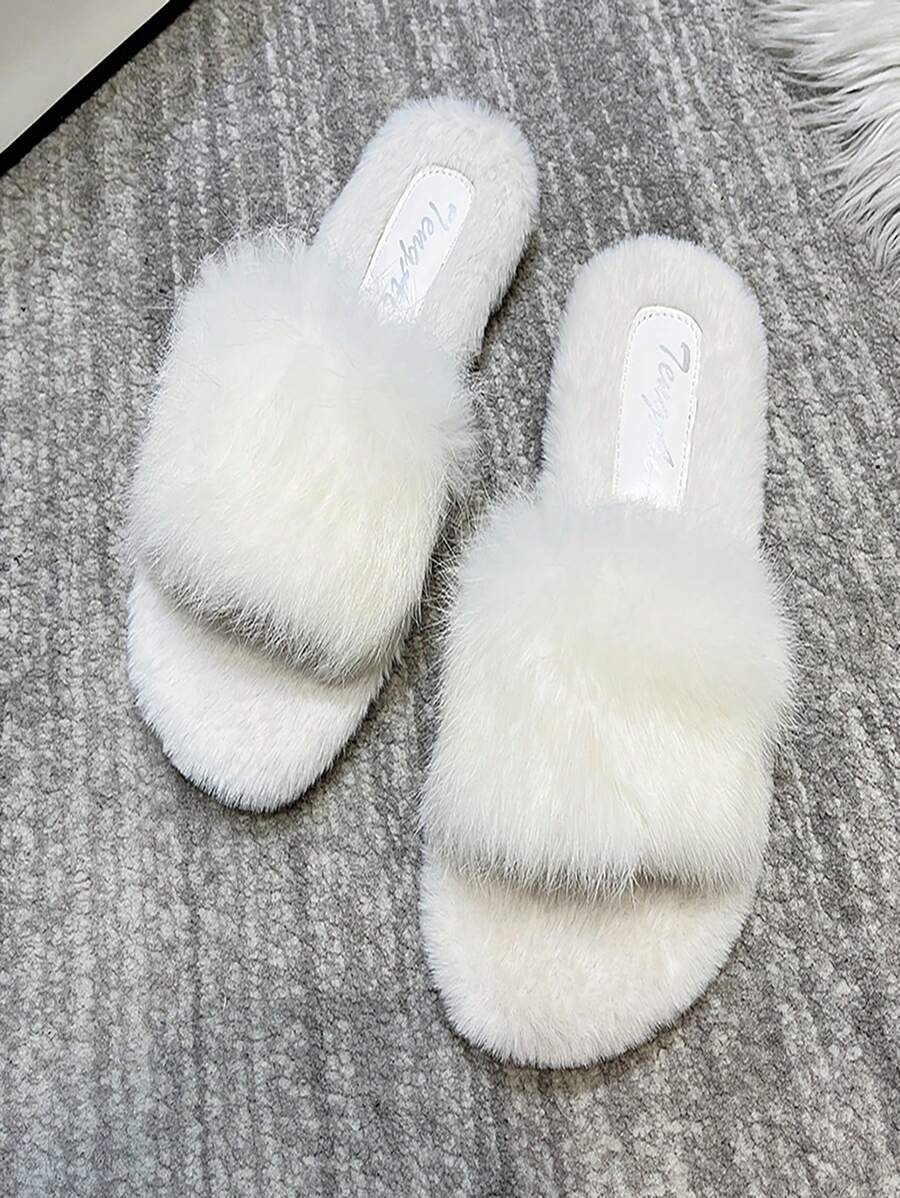 Women's Non-Slip Fluffy Bunny Fur Strap Slides Slippers For House, Outdoor Wear, Fashionable, Flat, Suitable For Spring & Autumn 2024 New Arrival - Beige - View 1